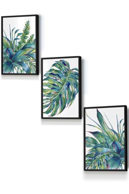 ARTZE Framed Blue Green Watercolour Tropical Leaves Framed Wall Art - Small in Black - Size: W33 cm x H45 cm x D20mm - image 1
