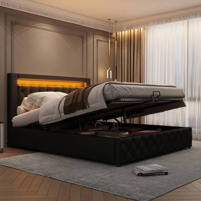 BTM PU Upholstered Bed 135x190cm with LED Lighting & Storage in Black - Size: Double - image 1