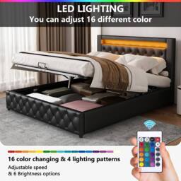 BTM PU Upholstered Bed 135x190cm with LED Lighting & Storage in Black - Size: Double - thumbnail 6