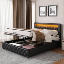 BTM PU Upholstered Bed 135x190cm with LED Lighting & Storage in Black - Size: Double - thumbnail 8