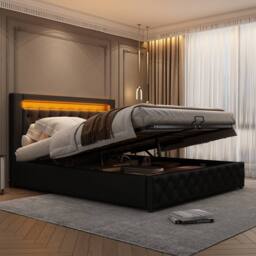 BTM PU Upholstered Bed 135x190cm with LED Lighting & Storage in Black - Size: Double - thumbnail 1