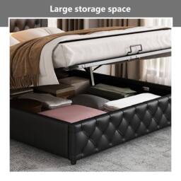 BTM PU Upholstered Bed 135x190cm with LED Lighting & Storage in Black - Size: Double - thumbnail 2