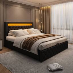 BTM PU Upholstered Bed 135x190cm with LED Lighting & Storage in Black - Size: Double - thumbnail 4