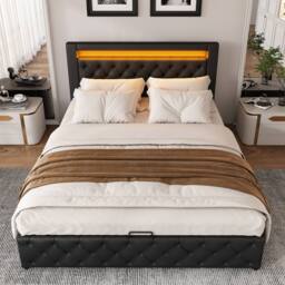 BTM PU Upholstered Bed 135x190cm with LED Lighting & Storage in Black - Size: Double - thumbnail 7