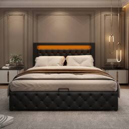 BTM PU Upholstered Bed 135x190cm with LED Lighting & Storage in Black - Size: Double - thumbnail 5