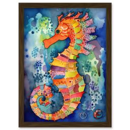 Artery8 Vibrant Colour Pattern Seahorse Folk Art Artwork Framed Wall Art Print A4 in Brown - thumbnail 1