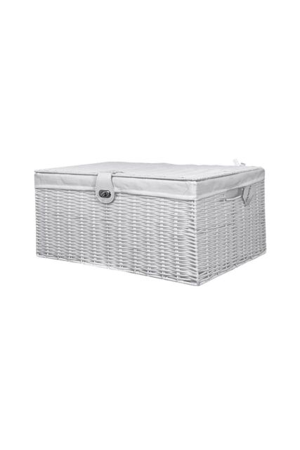 Clarisworld Resin Woven Hamper Basket Storage Chest Trunk Hamper/Kids Toy with Lid, Lock & Removable Lining, W49 x D35 x H22cm (White) in White - image 1