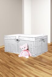 Clarisworld Resin Woven Hamper Basket Storage Chest Trunk Hamper/Kids Toy with Lid, Lock & Removable Lining, W49 x D35 x H22cm (White) in White - thumbnail 4