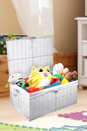 Clarisworld Resin Woven Hamper Basket Storage Chest Trunk Hamper/Kids Toy with Lid, Lock & Removable Lining, W49 x D35 x H22cm (White) in White - thumbnail 6