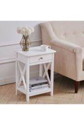 Living and Home 2-Tier Drawer Nightstand Wooden Bedside Table with Storage Shelf 55.5cm H in White - thumbnail 3