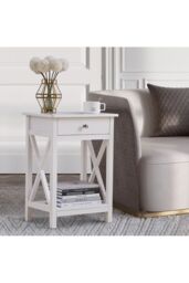 Living and Home 2-Tier Drawer Nightstand Wooden Bedside Table with Storage Shelf 55.5cm H in White - thumbnail 2