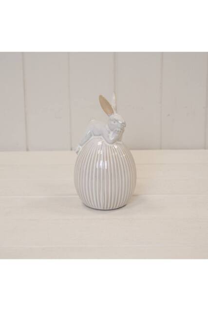 KDMD Ceramic White Rabbit on Egg Easter Decoration - 17mm - image 1