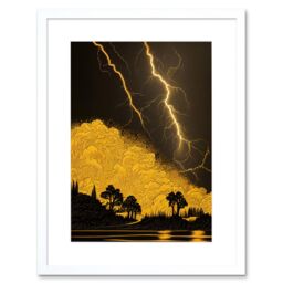 "Artery8 Wall Art Print Gold & Black Thunder Storm with Bright Lightning at Lakeside Tree Silhouette Artwork Framed 9X7 Inch in White - Size: W7"" x H9""" - thumbnail 1