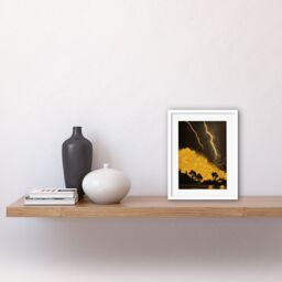 "Artery8 Wall Art Print Gold & Black Thunder Storm with Bright Lightning at Lakeside Tree Silhouette Artwork Framed 9X7 Inch in White - Size: W7"" x H9""" - thumbnail 2