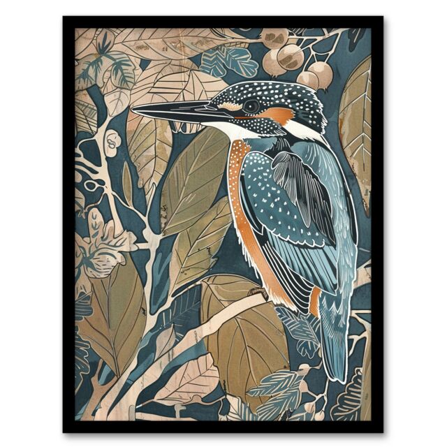 "Artery8 Kingfisher Bird on Tree Branch Blue Botanical Framed Art Print - Size: W12"" x H16""" - image 1