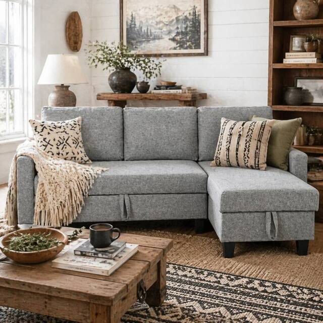 Wyld Haus Fima Light Grey Fabric 3 Seater Sofa Bed Reversible Chaise & Storage - image 1