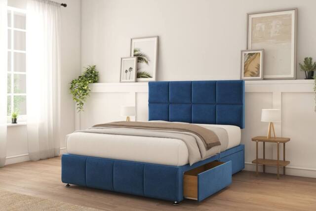 "Sloomy Brington Plush Divan Bed Base 2 Drawers Same Side With 26"" Strutted Headboard in Navy - Size: Super King" - image 1