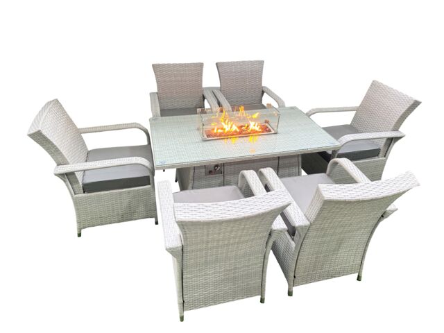 Fimous Outdoor Rattan Garden Furniture Set Patio 6 Chairs Plus Gas Fire Pit Table Sets Light Grey Mixed - image 1