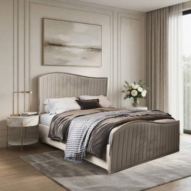 Casani Gainsborough Upholstered Soft Velvet Beige Metal Designer Bed Frame in Cream - Size: Single - image 1