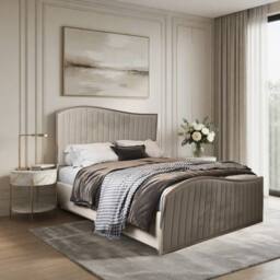 Casani Gainsborough Upholstered Soft Velvet Beige Metal Designer Bed Frame in Cream - Size: Single - thumbnail 1