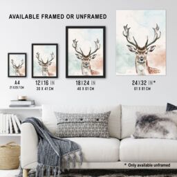 "Artery8 Stag Head Portrait Modern Watercolour Pastel Wall Art Print in White - Size: W24"" x H32""" - thumbnail 3