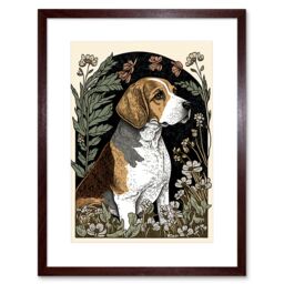 "Artery8 Wall Art Print Beagle Dog with Daisies Modern Stylised Artwork Framed 9X7 Inch in Brown - Size: W7"" x H9""" - thumbnail 1