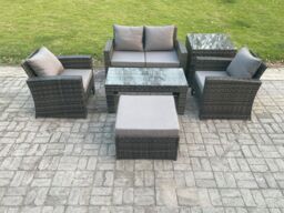 Fimous 5 Seater Outdoor Rattan Garden Furniture Set Patio Lounge Sofa Set with Coffee Table Big Footstool Side Table in Dark Grey - thumbnail 1