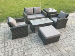 Fimous 5 Seater Outdoor Rattan Garden Furniture Set Patio Lounge Sofa Set with Coffee Table Big Footstool Side Table in Dark Grey - thumbnail 2