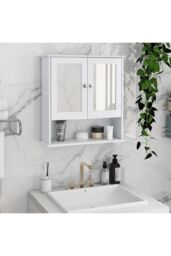 Living and Home Wall Mount Rectangular Mirror Cabinet Bathroom Organizer in White