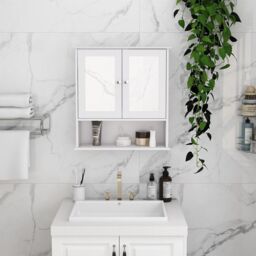 Living and Home Wall Mount Rectangular Mirror Cabinet Bathroom Organizer in White - thumbnail 2
