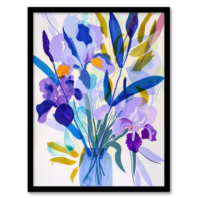 "Artery8 Iris Flower Bouquet in Vase Contemporary Painting Framed Art Print in Purple - Size: W12"" x H16""" - image 1