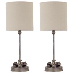 First Choice Lighting Set of 2 Maurice - Antique Gold Mouse Table Lamps Oatmeal Linen Shade