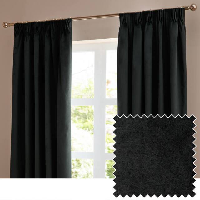 Furn The Ultimate Velvet Room Darkening Pencil Pleat Curtain Pair in Black - Size: 168 cm width x 229 cm drop - image 1