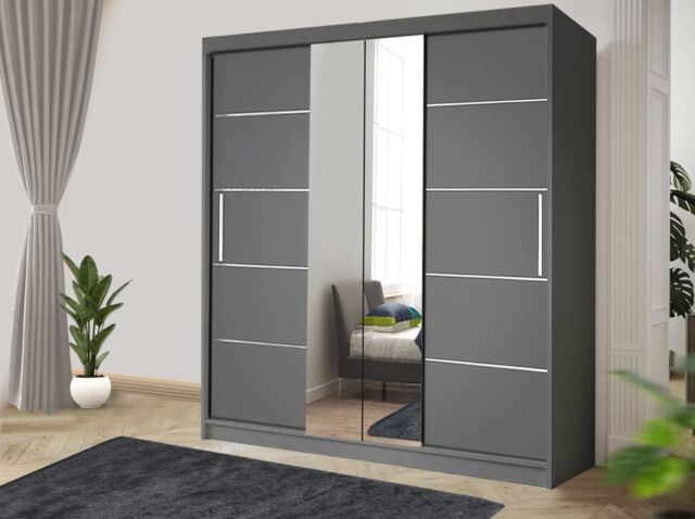 RAC3 OSLO 180cm Modern white Sliding Bedroom Wardrobe with Mirror & Drawers in Grey - image 1
