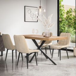 More4Homes Donni Dining Table & Chairs - Oak Effect Table Top w Black Legs + Nova Velvet Dining Chair Set Of 6 in Beige