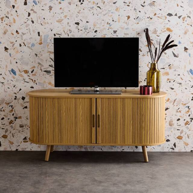 sweeek 120cm scandi-style TV unit with grooved wooden effect & 2 sliding in Beige - image 1