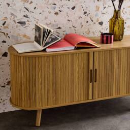 sweeek 120cm scandi-style TV unit with grooved wooden effect & 2 sliding in Beige - thumbnail 5