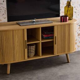 sweeek 120cm scandi-style TV unit with grooved wooden effect & 2 sliding in Beige - thumbnail 3