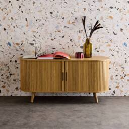 sweeek 120cm scandi-style TV unit with grooved wooden effect & 2 sliding in Beige - thumbnail 4