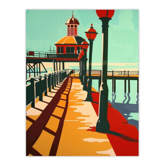 "Artery8 Classic British Seaside Pier Graphic Design Wall Art Print - Size: W24"" x H32""" - image 1