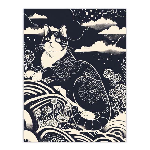 "Artery8 Abstract Zen Black & White Cat in Flowers Magic Wall Art Print - Size: W18"" x H24""" - image 1