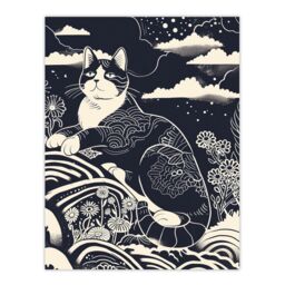 "Artery8 Abstract Zen Black & White Cat in Flowers Magic Wall Art Print - Size: W18"" x H24""" - thumbnail 1