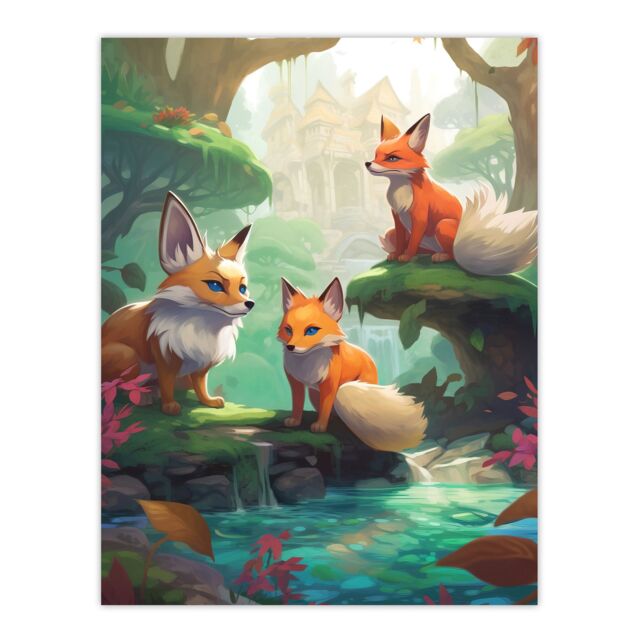 Artery8 Wall Art Print Three Kitsune Fox Spirits Painting Orange Pink Green Blue Playful Mythical Creatures Perched By River in Lush Forest Landscape - image 1