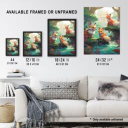 Artery8 Wall Art Print Three Kitsune Fox Spirits Painting Orange Pink Green Blue Playful Mythical Creatures Perched By River in Lush Forest Landscape - thumbnail 3
