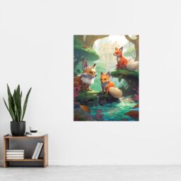 Artery8 Wall Art Print Three Kitsune Fox Spirits Painting Orange Pink Green Blue Playful Mythical Creatures Perched By River in Lush Forest Landscape - thumbnail 4