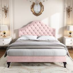 ModernLuxe Upholstered Double Bed with Adjustable Headboard & Slatted Frame in Pink - thumbnail 2
