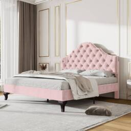 ModernLuxe Upholstered Double Bed with Adjustable Headboard & Slatted Frame in Pink - thumbnail 4