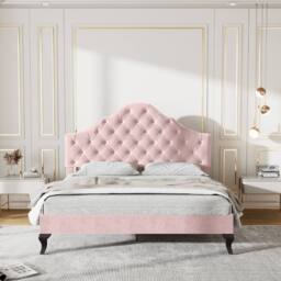 ModernLuxe Upholstered Double Bed with Adjustable Headboard & Slatted Frame in Pink - thumbnail 5