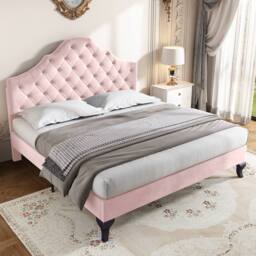 ModernLuxe Upholstered Double Bed with Adjustable Headboard & Slatted Frame in Pink - thumbnail 1