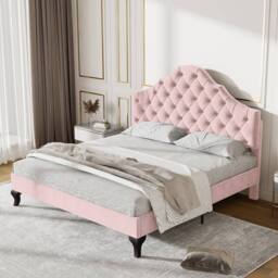 ModernLuxe Upholstered Double Bed with Adjustable Headboard & Slatted Frame in Pink - thumbnail 3